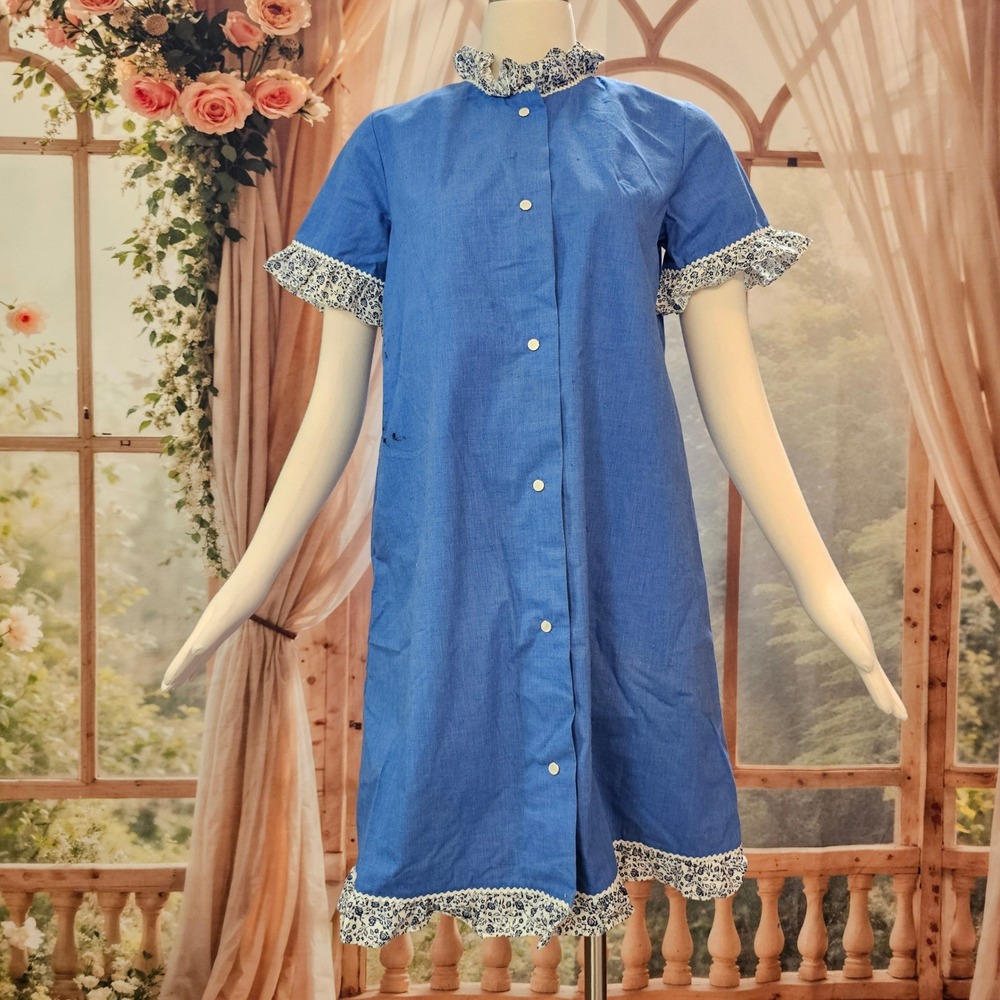Vintage 1960's Lounge Craft Dress Blue Ruffle Button Front House Dress Shift Mod